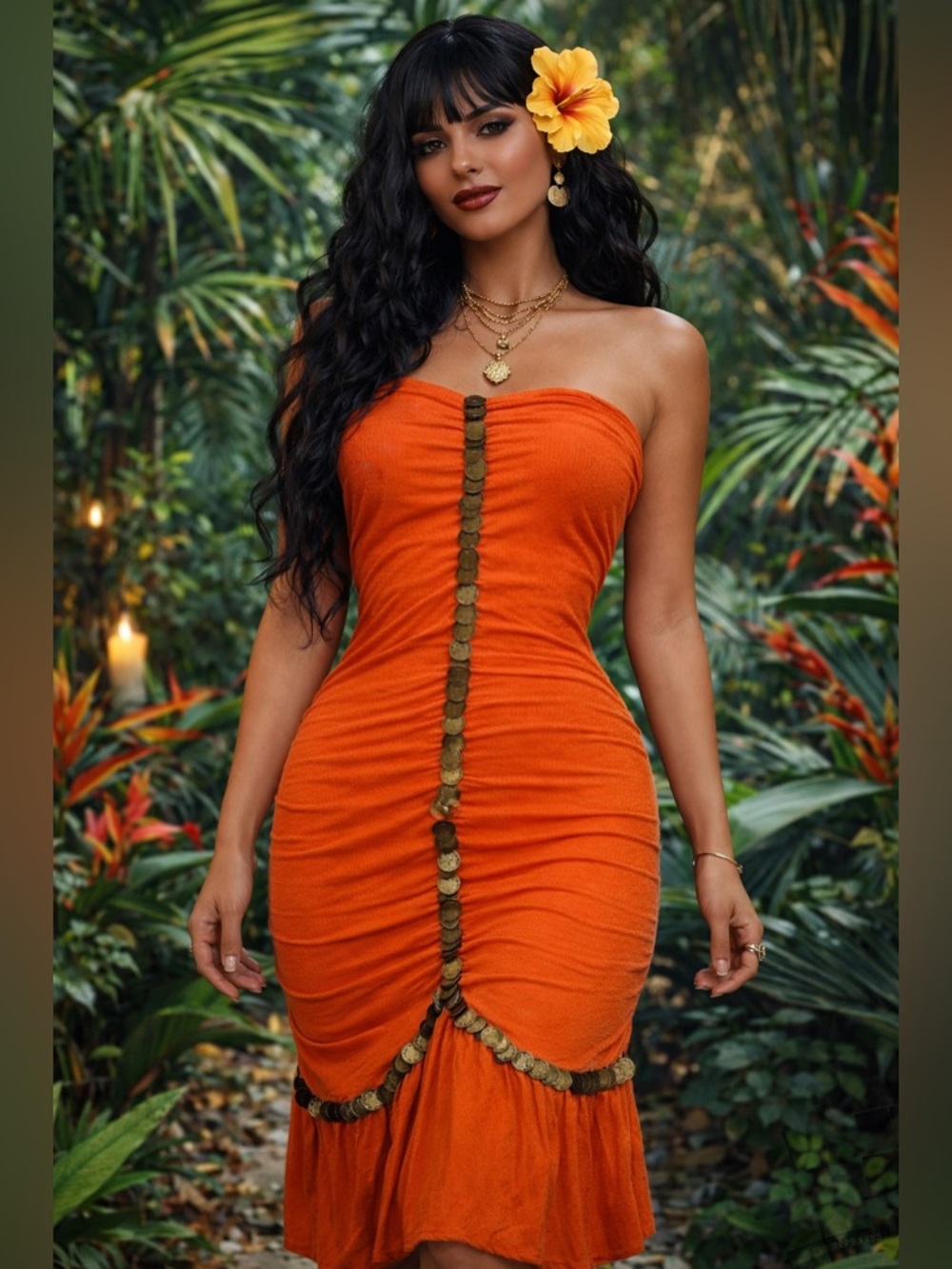 VTG Orange Strapless Dress with Coin Detail Vacay Tropical Cruise Island Beach
